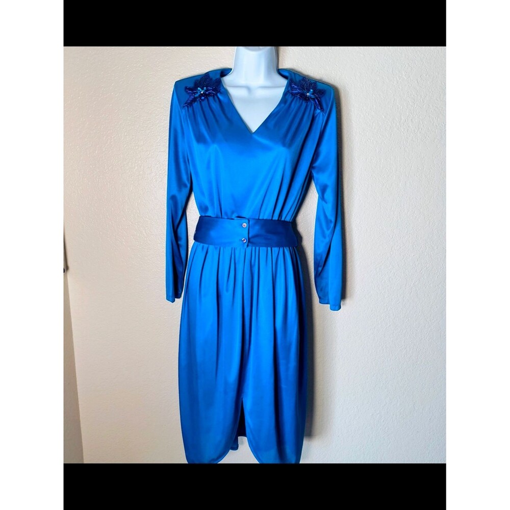 Vintage 1980s Royal Blue V-Neck Long Sleeve Dress with Embellished Shoulders
